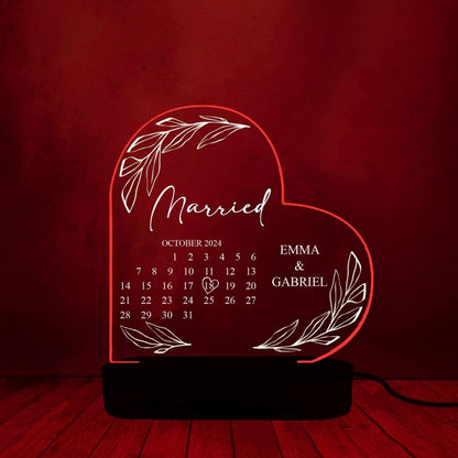 Personalized Married Calendar Acrylic 3D Lamp, Wedding Gift for Couple