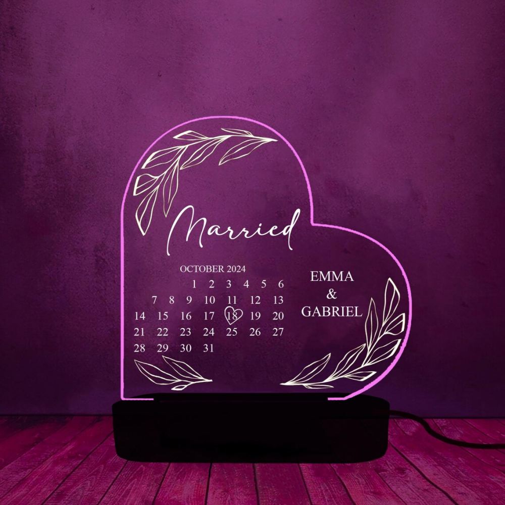 Personalized Married Calendar Acrylic 3D Lamp, Wedding Gift for Couple