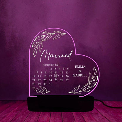 Personalized Married Calendar Acrylic 3D Lamp, Wedding Gift for Couple