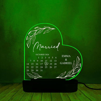 Personalized Married Calendar Acrylic 3D Lamp, Wedding Gift for Couple