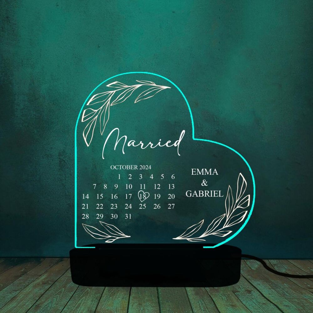 Personalized Married Calendar Acrylic 3D Lamp, Wedding Gift for Couple