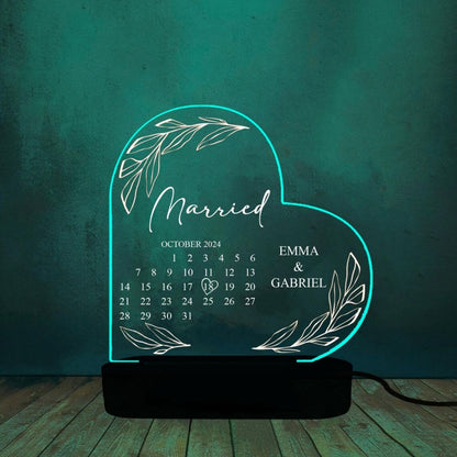 Personalized Married Calendar Acrylic 3D Lamp, Wedding Gift for Couple